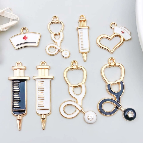 Medical Theme Zinc Alloy Enamel Drip Oil Pendants Stethoscope Syringe Nurse Hat DIY Charms For Jewelry Making Accessories