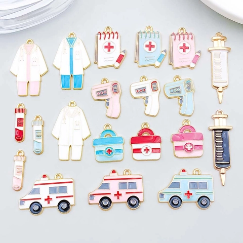 Medical Theme Enamel Alloy Pendants Ambulance Syringe Medical Kit Lab Coat Charms For DIY Jewelry Making Accessories