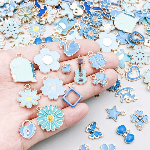 100 Stuks Meerblauw Emaille Zinklegering Bedeltjes Gemengde Vormen Hart Bloem Dier Hangers Voor DIY Sieraden Maken Armband Ketting Accessoires