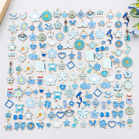 100 Stuks Meerblauw Emaille Zinklegering Bedeltjes Gemengde Vormen Hart Bloem Dier Hangers Voor DIY Sieraden Maken Armband Ketting Accessoires