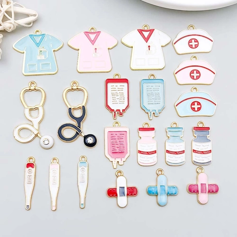 Enamel Alloy Medical Theme Charms Stethoscope Thermometer Nurse Hat Uniform Pendant For DIY Jewelry Making Accessories