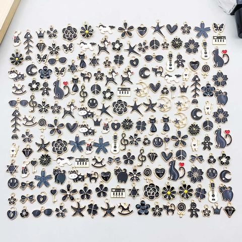 Gemischte Stile Schwarze Emaille Legierung Anhänger Katze Einhorn Blume Für DIY Halskette Armband Schmuckherstellung Zubehör