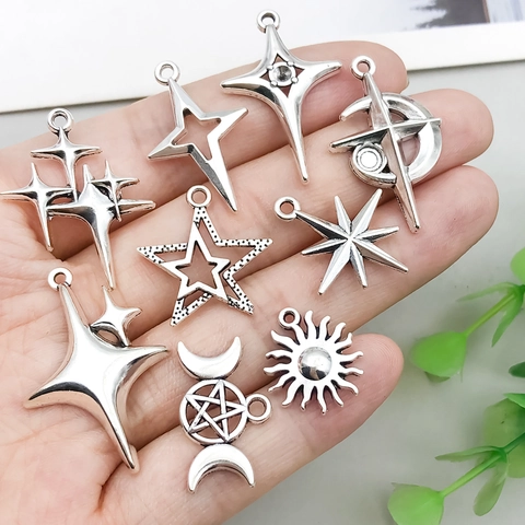 Antique Silver Alloy Celestial Pendants For Jewelry Making Moon Star Sun Cross Cloud Lightning DIY Craft Charms Accessories