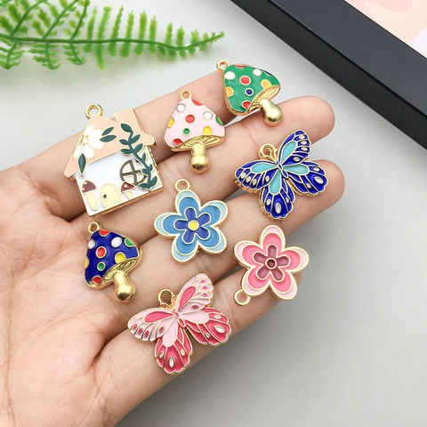 Cartoon Alloy Enamel Mushroom Butterfly House Flower Charms For DIY Necklace Bracelet Making Accessories Jewelry Pendants