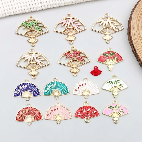 Zinc Alloy Enamel Chinese Style Fan Pendants Bamboo Plum Blossom Pattern For DIY Handmade Jewelry Making Findings Pendants