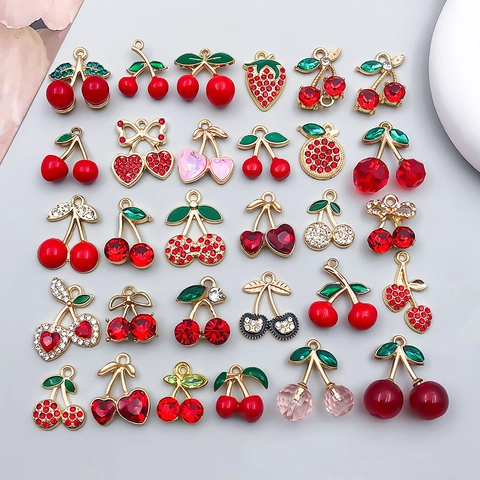Pendentifs de Fruits en Alliage Émail Cerise Fraise Breloques Pour Fabrication de Bijoux DIY Collier Bracelet Rouge Or
