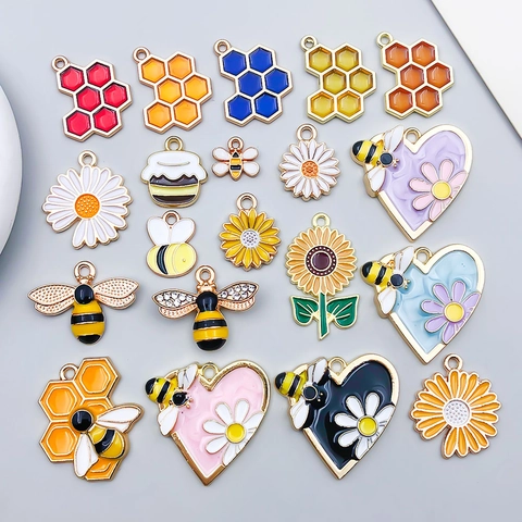 Enamel Bee Honeycomb Charms Alloy Sunflower Daisy Pendants For DIY Jewelry Making Bracelets Necklaces Animal Flowers Mixed Charms