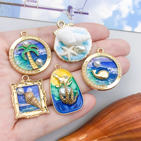 Ocean Theme Enamel Alloy Marine Life Pendants With Artificial Pearl Rhinestone Whale Starfish Palm Tree Charms Jewelry Accessories