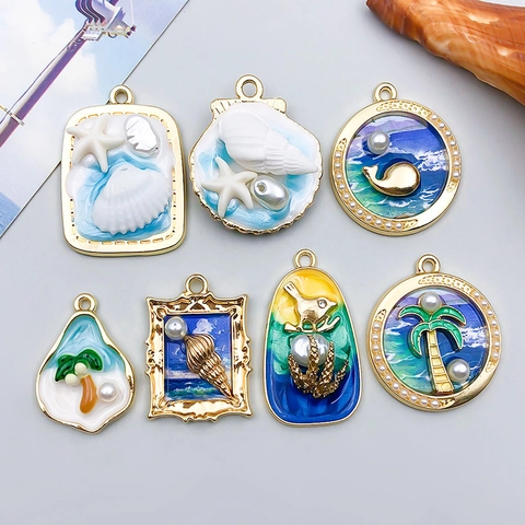 Ocean Theme Enamel Alloy Marine Life Pendants With Artificial Pearl Rhinestone Whale Starfish Palm Tree Charms Jewelry Accessories