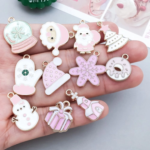 Kerst Emaille Legering Bedeltjes Roze Wit Sneeuwvlok Kerstman Boom Eland Hangers Voor DIY Sieraden Maken Armband Ketting Accessoires