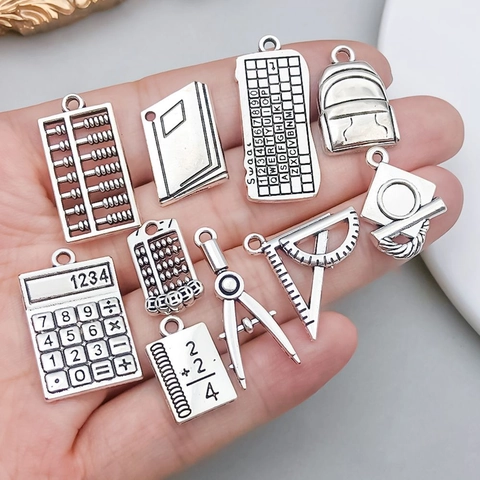 Vintage Antique Silver Alloy Educational School Theme Charms Calculator Ruler Book Graduation Cap Pendants For DIY Jewelry