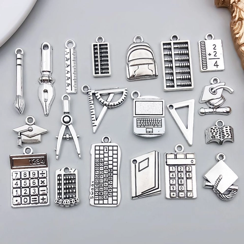 Vintage Antique Silver Alloy Educational School Theme Charms Calculator Ruler Book Graduation Cap Pendants For DIY Jewelry
