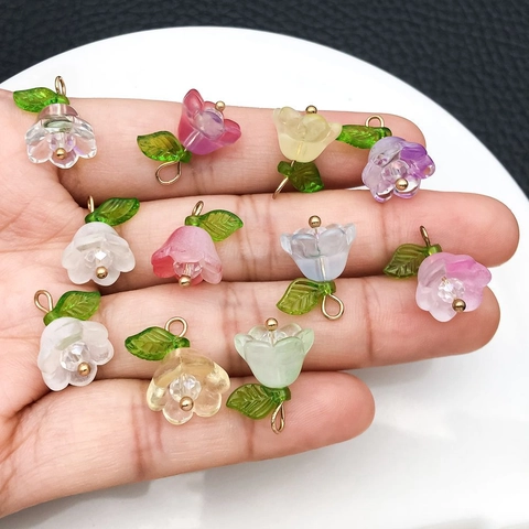 Assorted Color Glass Lily Of The Valley Flower Charms With Alloy Loop For DIY Jewelry Making Necklace Bracelet Pendants