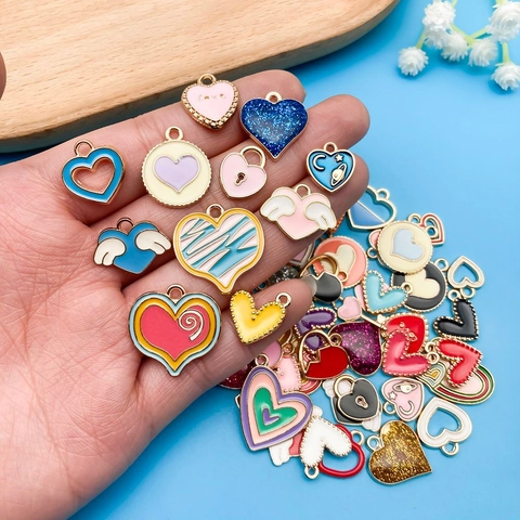 Colorful Alloy Enamel Heart Charms Drip Oil Wing Key Lock Pendant For DIY Necklace Bracelet Jewelry Making Gift