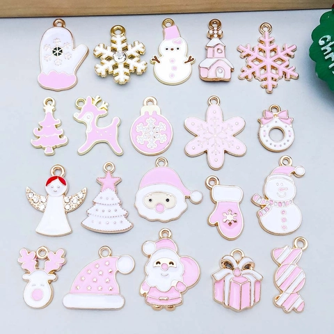 Pink Enamel Zinc Alloy Christmas Charms Pendants DIY Jewelry Snowflake Santa Reindeer Angel Christmas Tree Accessories