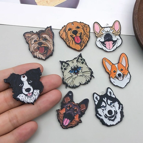 Cartoon Dog Cat Animal Portrait Acrylic Charms Drip Oil Enamel Pendants For DIY Jewelry Making Keychain Backpack Accessories