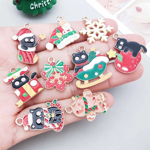 Enamel Christmas Charms Zinc Alloy Rhinestone Pendants For DIY Jewelry Making Christmas Tree Snowman Black Cat Santa Sock Craft Supplies