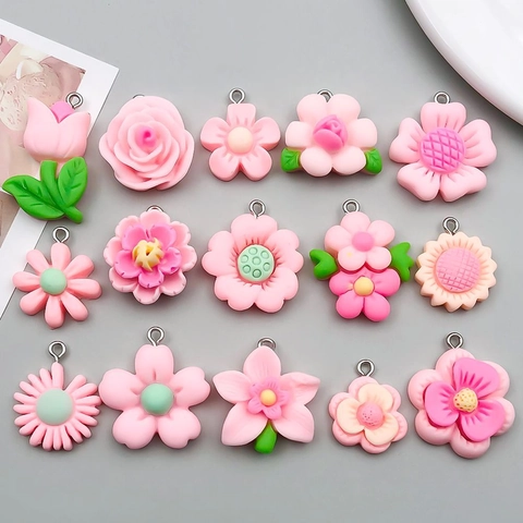 Pink Resin Flower Charms With Alloy Loop For DIY Jewelry Making Sunflower Daisy Rose Tulip Cherry Blossom Pendant Accessories