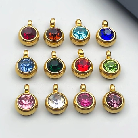 Stainless Steel Star Birthstone Round Pendants For DIY Jewelry Making Gold Plated Rhinestone Charms For Bracelet Necklace Women