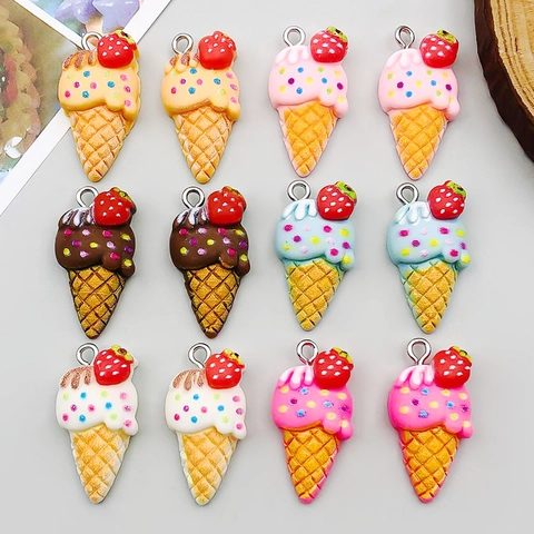 DIY Resin Alloy Ring Strawberry Ice Cream Cone Charms Pendants For Jewelry Making Keychain Accessory Mixed Colorful Food Charms