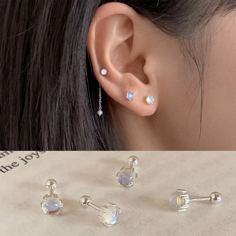 Screw Back 925 Sterling Silver Post Moonstone Stud Earrings Simple Delicate Iridescent Luster Round Tiny Earrings For Women