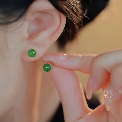 Pendientes de Botón de Plata de Ley 925 con Jaspe para Mujer Verde Manzana Verde Espinaca Cuenta Redonda Joyería Piercing Vintage