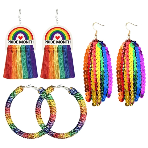 Bohemian Rainbow Sequin Tassel Earrings Pride Month Colorful Rhinestone Hoop Earrings For Women Festival Party Jewelry