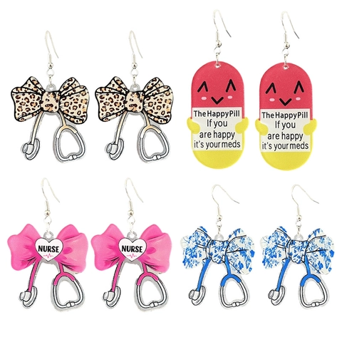 Boucles d'Oreilles Pendantes en Acrylique Thème Infirmière Créatif Stéthoscope Nœud Pilule Cœur Personnel Médical Bijoux Accessoires