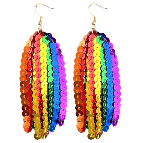 Bohemian Rainbow Sequin Tassel Earrings Pride Month Colorful Rhinestone Hoop Earrings For Women Festival Party Jewelry
