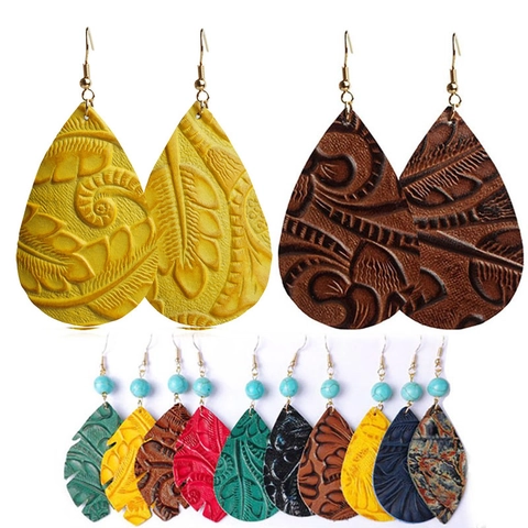 Pendientes Colgantes de Cuero Bohemio Vintage para Mujer Forma de Gota de Agua en Relieve Joyería Étnica Con Perla de Turquesa Artificial