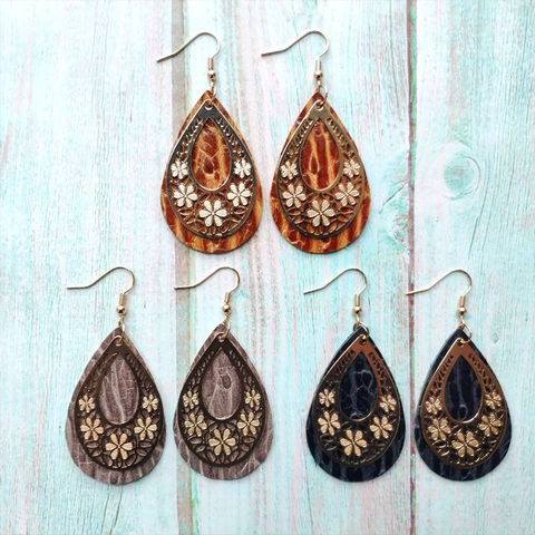 Vintage Bohemian Leather Teardrop Earrings Alloy Hollow Flower Pattern Double Layered Ethnic Style Jewelry Earrings For Women