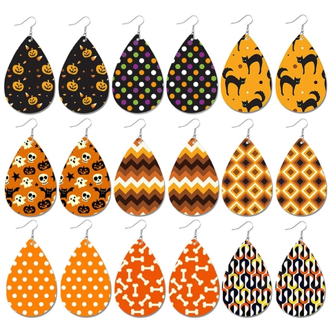 Halloween Kunstleer Druppel Oorbellen Pompoen Geest Zwarte Kat Patroon Voor Vrouwen Festival Feest Sieraden Cadeau