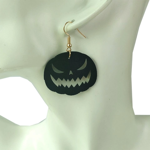 Pendientes Góticos de Cuero de Halloween para Mujer Negro Murciélago Araña Calabaza Calavera Boo Pendientes de Gota Con Gancho de Aleación de Oro Joyería