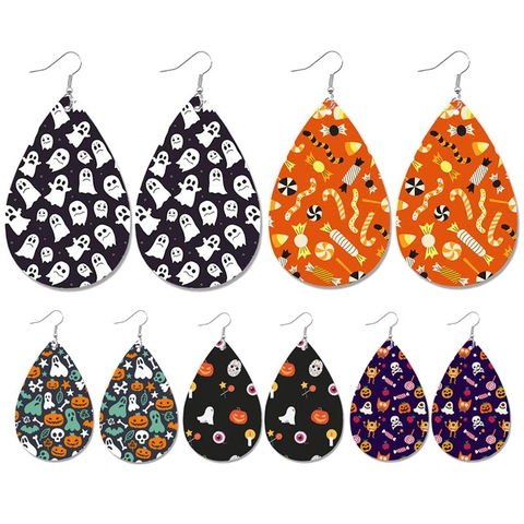 Halloween Kunstleer Traanvorm Oorbellen Legering Haak Pompoen Geest Snoep Print Hangende Oorbellen Voor Vrouwen Sieraden