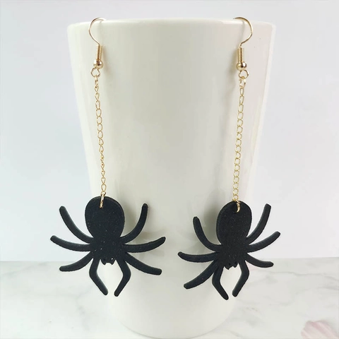 Pendientes Góticos de Cuero de Halloween para Mujer Negro Murciélago Araña Calabaza Calavera Boo Pendientes de Gota Con Gancho de Aleación de Oro Joyería