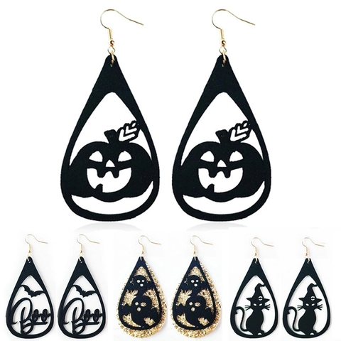 Pendientes de Lágrima de Cuero Sintético de Halloween Brillo Dorado Negro Calabaza Fantasma Gato Murciélago Joyería de Fiesta