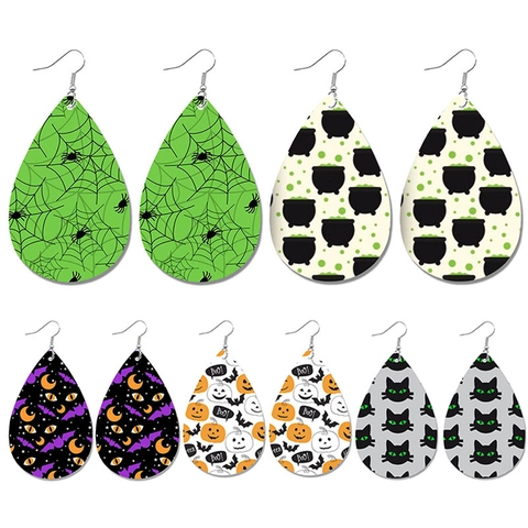 Halloween Teardrop Faux Leather Earrings Spider Web Pumpkin Bat Cat Pattern Dangle Earrings Women Party Holiday Jewelry