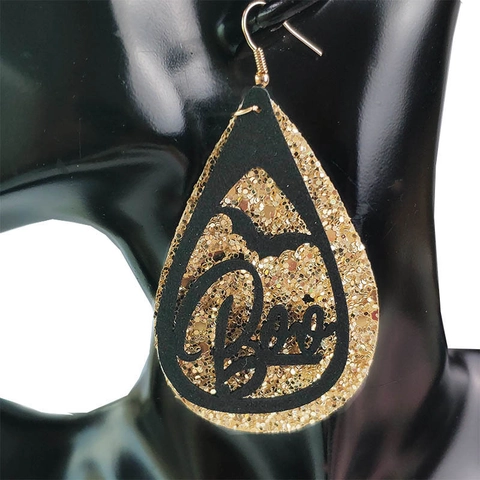 Pendientes de Lágrima de Cuero Sintético de Halloween Brillo Dorado Negro Calabaza Fantasma Gato Murciélago Joyería de Fiesta