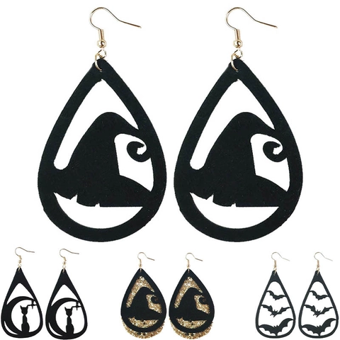Pendientes de Gota de Cuero Artificial de Halloween para Mujer Sombrero de Bruja Murciélago Telaraña Gato Luna Calado Brillo Joyas