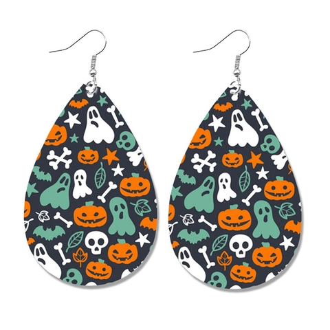 Halloween Kunstleer Traanvorm Oorbellen Legering Haak Pompoen Geest Snoep Print Hangende Oorbellen Voor Vrouwen Sieraden