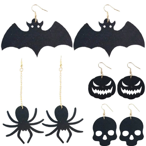 Halloween Zwarte Kunstleren Oorbellen Set Gothic Vleermuis Schedel Pompoen Spin Boo Oorbellen Voor Vrouwen Feest Sieraden