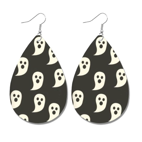 Boucles d'Oreilles Goutte en Cuir Synthétique Halloween pour Femmes Motif Fantôme Chauve-souris Crâne Bijoux de Fête Cadeau