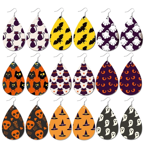 Boucles d'Oreilles Goutte en Cuir Synthétique Halloween pour Femmes Motif Fantôme Chauve-souris Crâne Bijoux de Fête Cadeau
