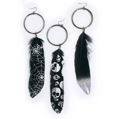 Gothic Halloween Feather Drop Earrings With Metal Hoop Skull Spider Web Pattern Black Punk Party Jewelry For Women