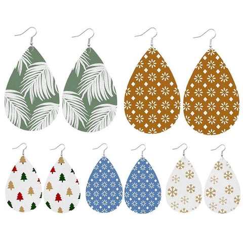 Orecchini Pendenti a Goccia in Ecopelle Boho per Donna Etnico Stampato Albero di Natale Fiocco di Neve Foglia di Palma