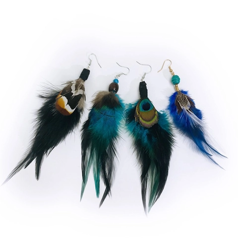 Bohemian Peacock Feather Drop Earrings Vintage Ethnic Long Dangle Earrings With Wood Beads For Women Jewelry