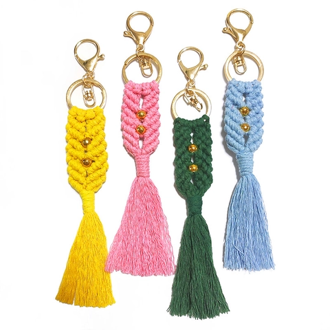 Handgefertigter Makramee Quaste Schlüsselanhänger Mit Goldperlen Boho Gewebte Baumwollschnur Tasche Anhänger Für Damen