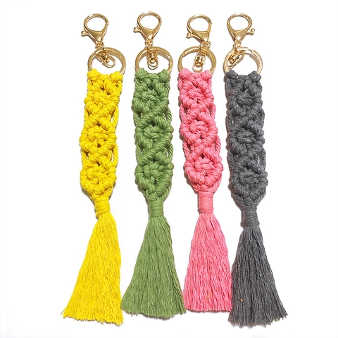 Portachiavi Macramè Intrecciato a Mano Bohemien Con Nappa Corda di Cotone Ciondolo per Borsa Stile Etnico Per Vacanze Donna