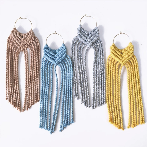 Bohemian Handmade Macrame Tassel Drop Earrings For Women Cotton Rope Woven Geometric Fringe Ethnic Dangle Jewelry Gift