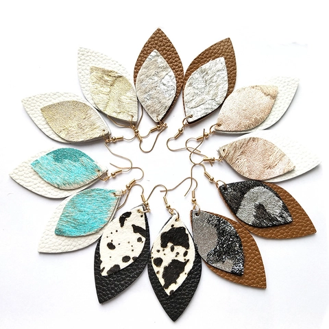 Bohemian Double Layer Leather Leaf Drop Earrings With Artificial Turquoise Beads Leopard Cow Print Feather Earrings For Women Vintage Ethnic Jewelry